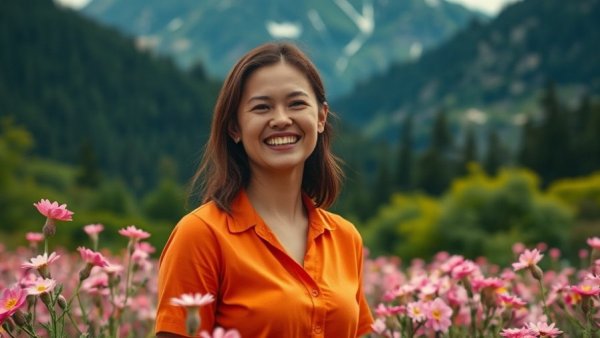 Joyful woman among pink flowers in nature, pink moon influence.