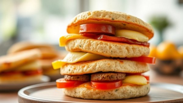 Delicious breakfast stuffed cottage cheese English muffins with eggs and sausage