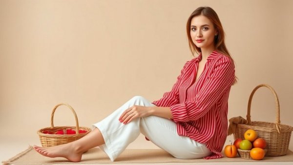 Elegant spring fashion with crayon colors outfit on seated woman.