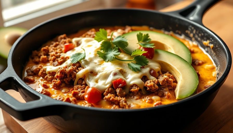 Ground beef cottage cheese queso in skillet with avocado.