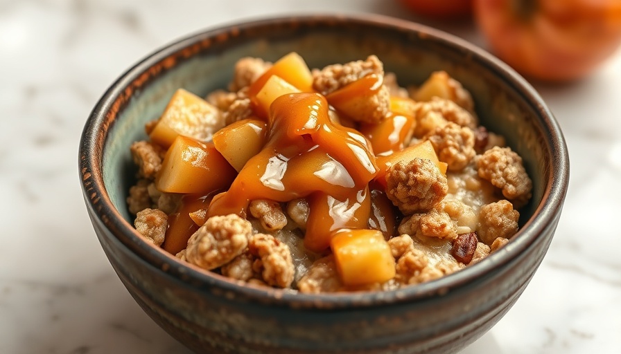Baked Apple Oatmeal with Peanut Butter Caramel Sauce in a bowl