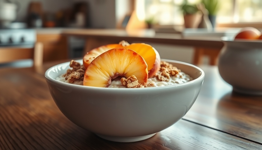 Delicious peach cobbler oatmeal with peaches and oats, cozy setting.