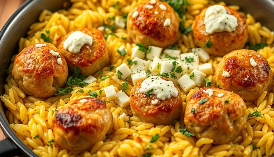 Summer Squash Orzo Skillet with Chicken Meatballs, close-up view
