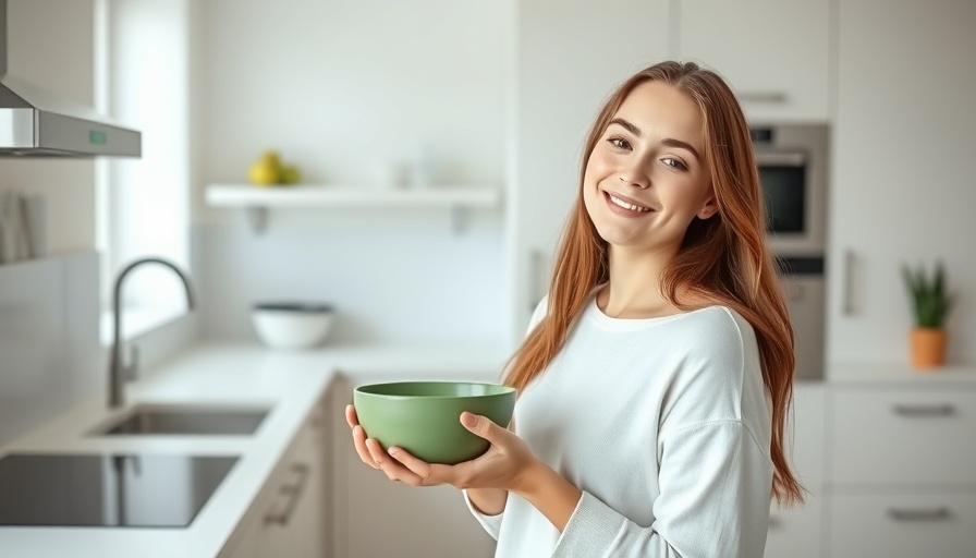 Woman holding bowl in kitchen, minimal processed foods theme.