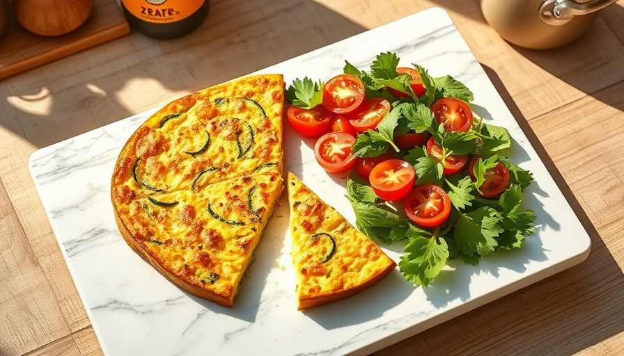 Golden zucchini frittata slices with tomato salad.