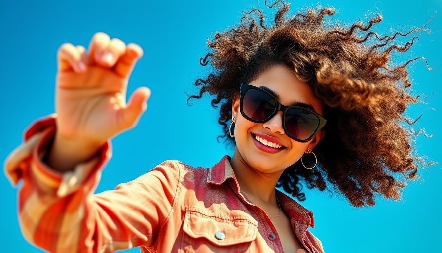 Trendy woman with curly hair posing against blue sky, vacation hair tips.