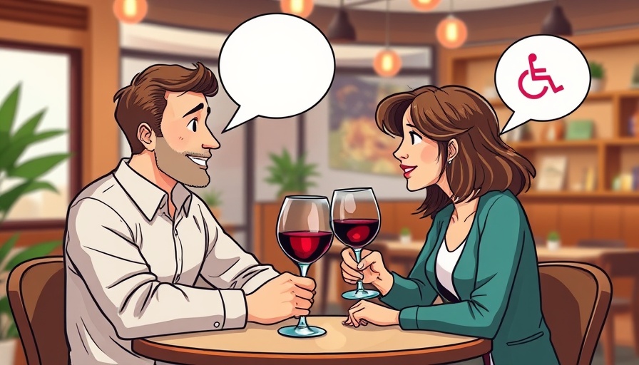Cartoon of couple discussing dating with a disability at a café.