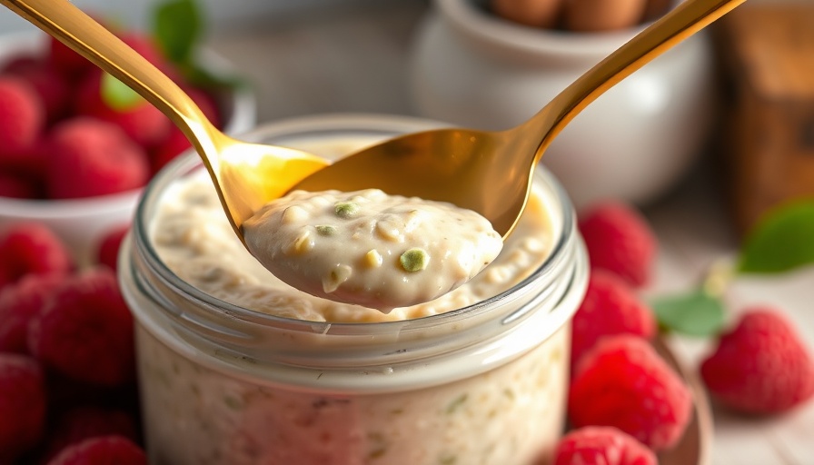 Smooth pistachio overnight oats scooped with golden spoon.