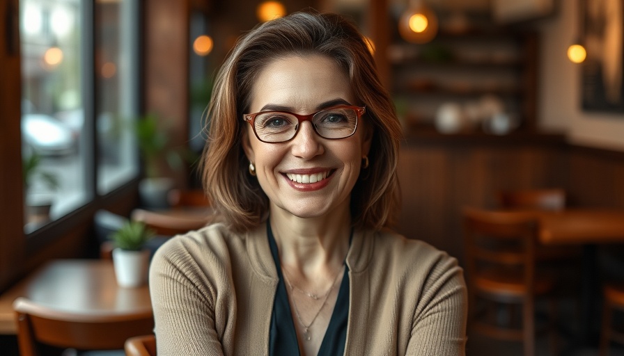Sophisticated woman smiling confidently in a cozy café setting.