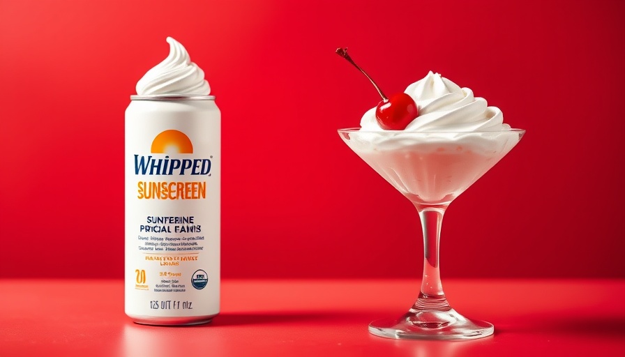 Whipped sunscreen and cream in a glass on red background.