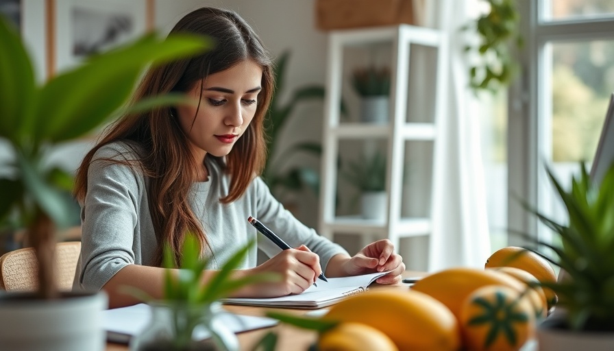 Woman at desk with fruits and plants, highlighting focus and productivity benefits.