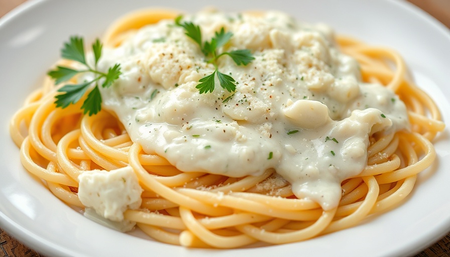 Creamy cottage cheese Alfredo pasta close-up with parsley garnish.