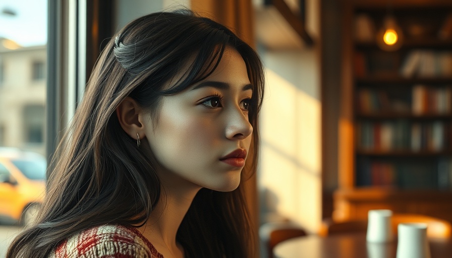 Pensive young woman with persistent depressive disorder looking out a cafe window.