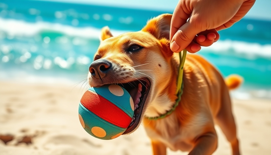 Dog tugging toy at the beach, weekend leisure activities.
