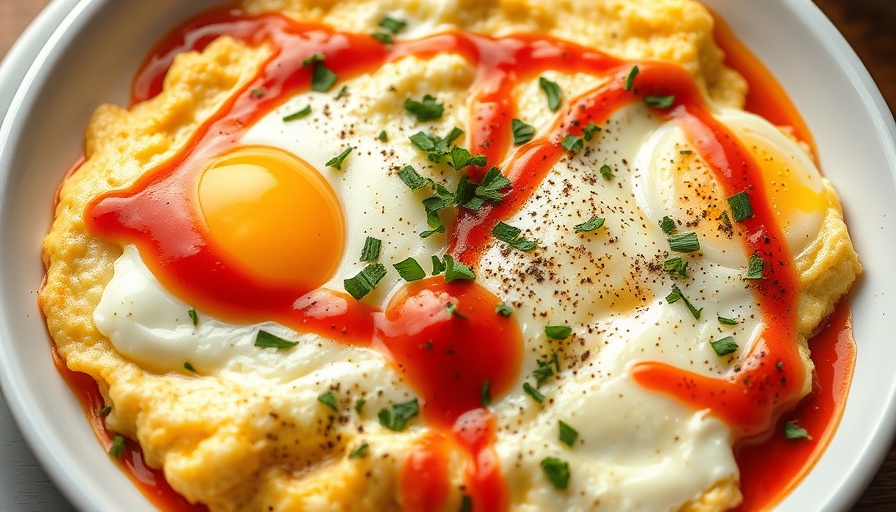 Easy Sheet Pan Scrambled Eggs with sauce and herbs.