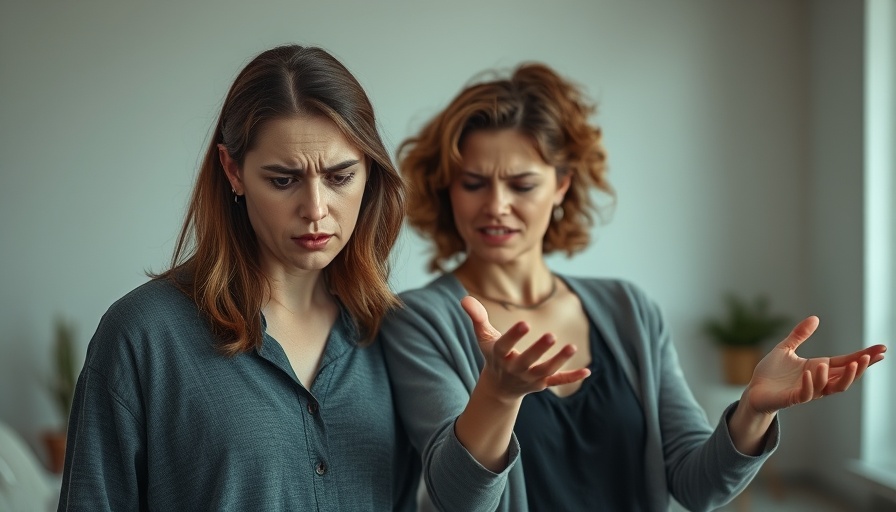 Two women depicting toxic sibling relationships in a tense moment, with a blurred indoor setting.