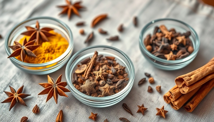 Variety of spices showcasing healthy herbs and spices benefits on gray cloth.