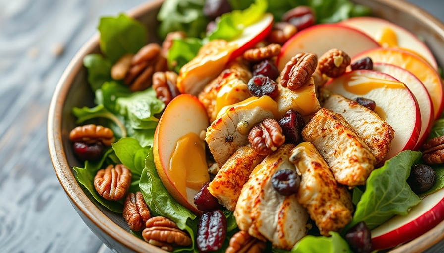Crispy chicken salad with maple mustard dressing, red apple slices, pecans, and cranberries in a bowl.