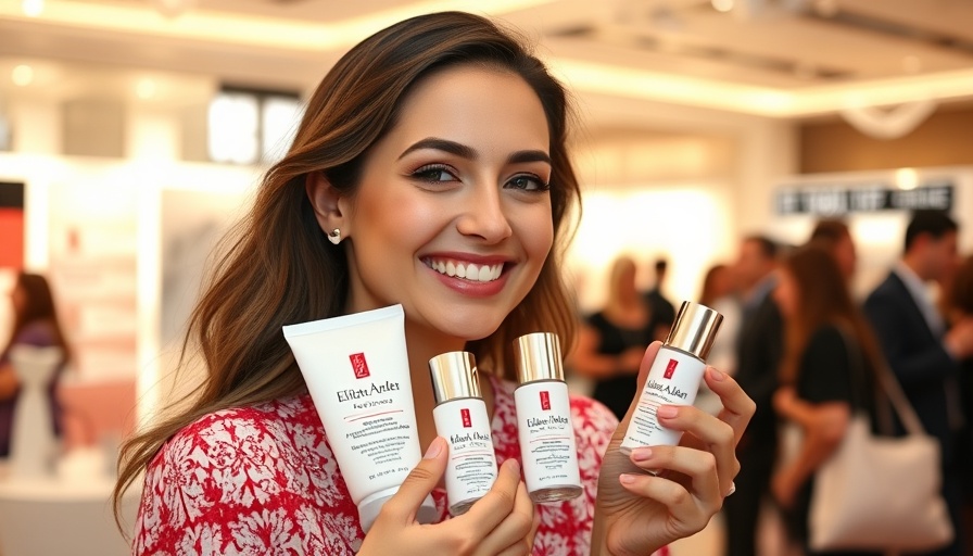 Elizabeth Arden skincare line showcased by smiling woman at event.