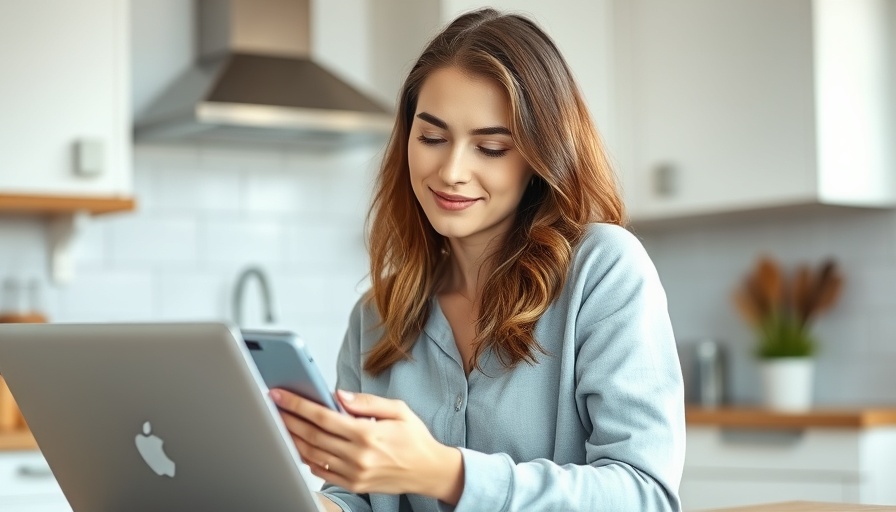 Young woman in kitchen overcoming afternoon slump with technology.