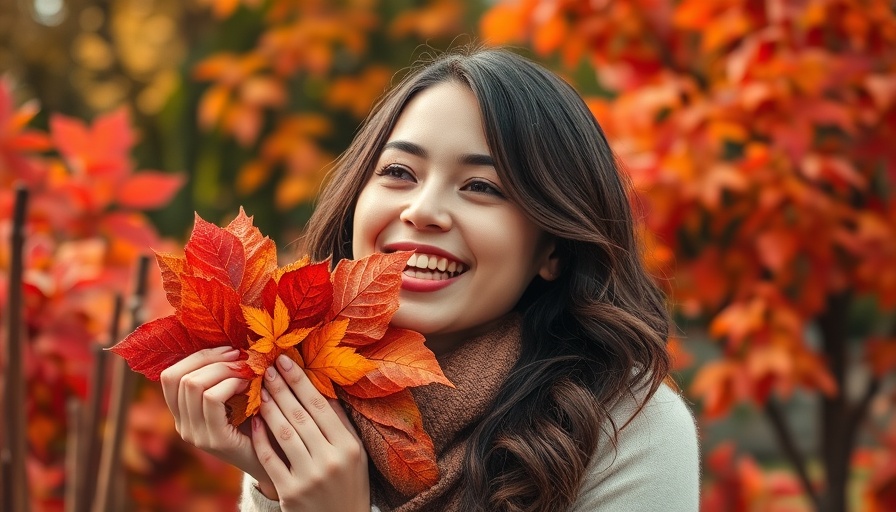 Joyful woman with autumn leaves in lush garden, October quotes for health and wellness.