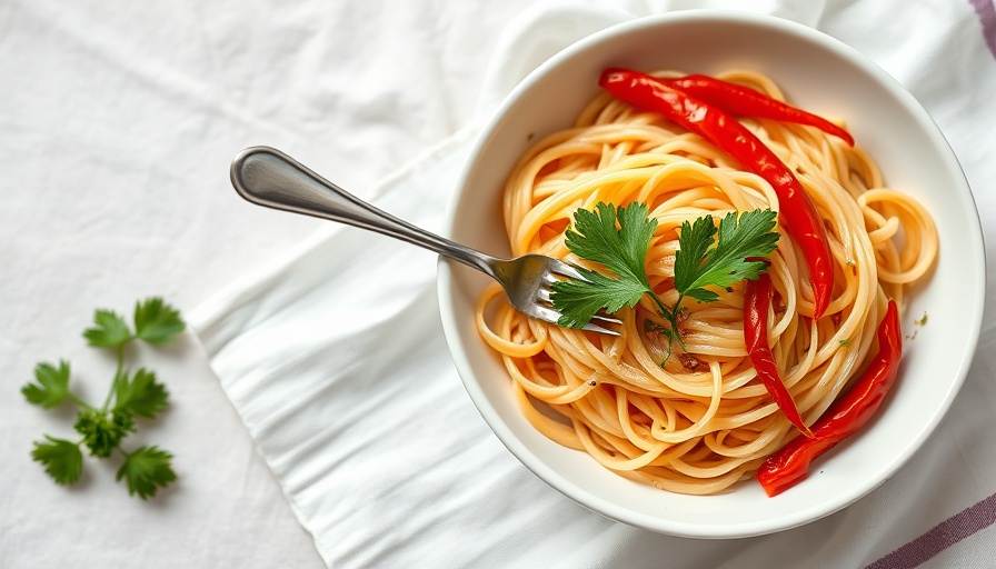 Classic Pantry Pasta with red peppers and parsley in a white bowl.