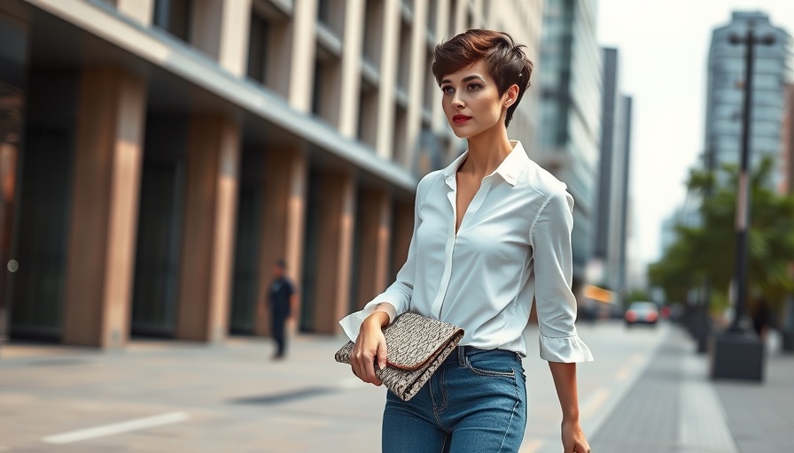 Stylish woman with pixie cut for fine hair walking confidently.