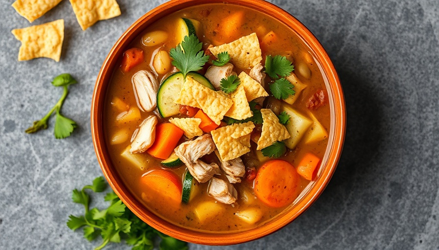 Quick tortilla soup with chicken in a vibrant, colorful bowl.