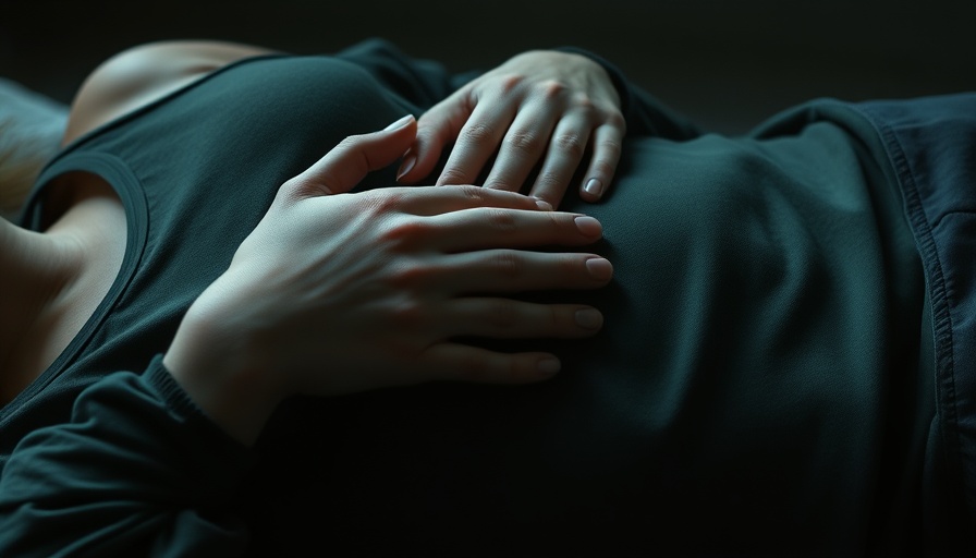 Relaxed individual practicing lymphatic drainage method with hands on abdomen.