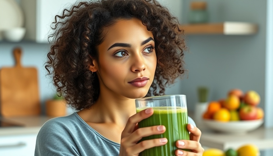 Pensive young woman holding green smoothie in modern kitchen
