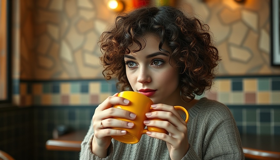Young woman sipping hibiscus tea for youthful skin in cozy cafe.