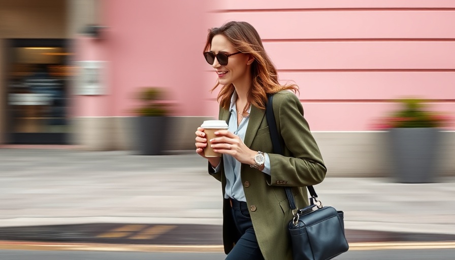Young woman walking with coffee, illustrating daily health benefits of 7,000 steps.