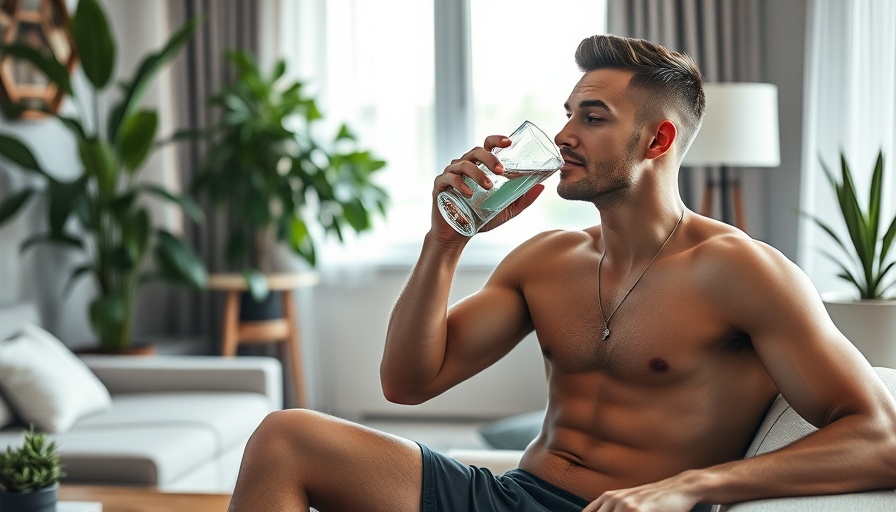 Athletic man drinking water post-workout in a cozy room.