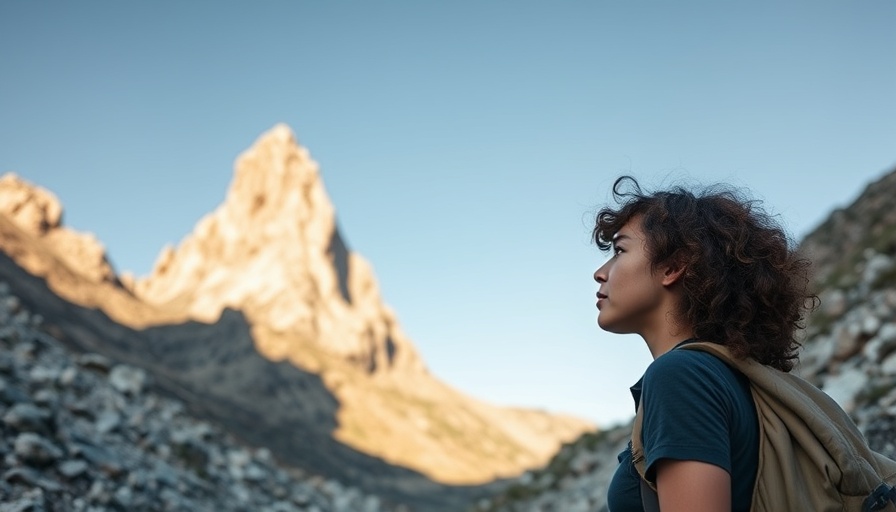 Hiker admires mountain terrain under sunny skies