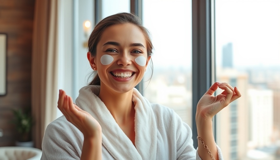 Young woman wearing Rhode Eye Prep Patches indoors, joyful mood.