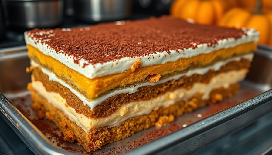 High-protein pumpkin tiramisu in a tray with cocoa dusting.