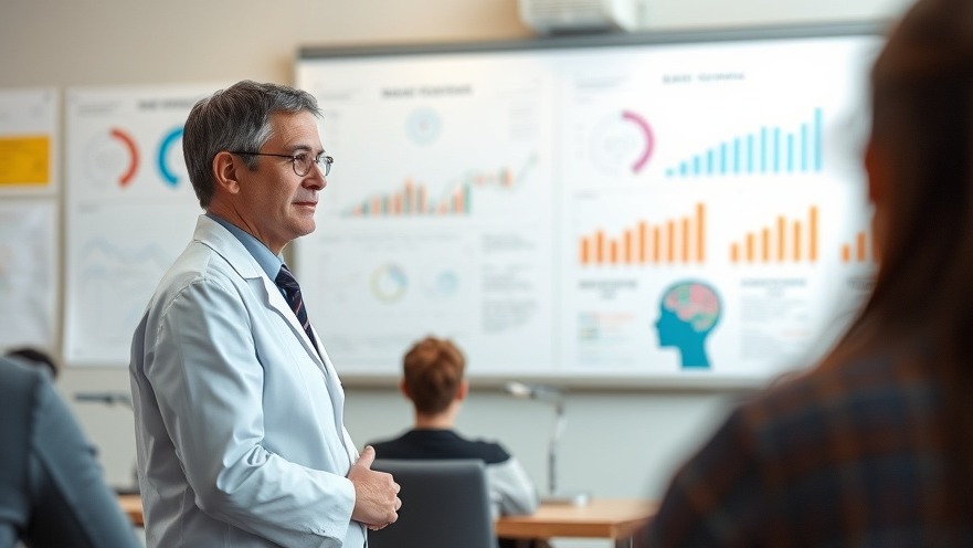 Scientific researcher exploring leadership psychology in a classroom with charts