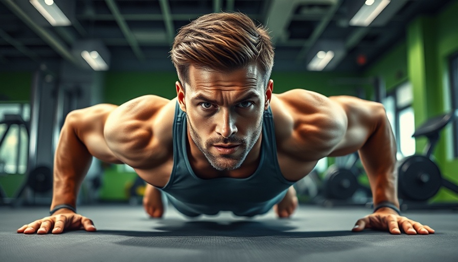 Athletic man focused doing push-ups in a modern gym.