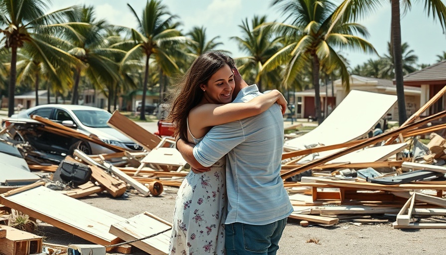 Emotional couple embracing amidst storm debris, illustrating crisis leadership preparation.