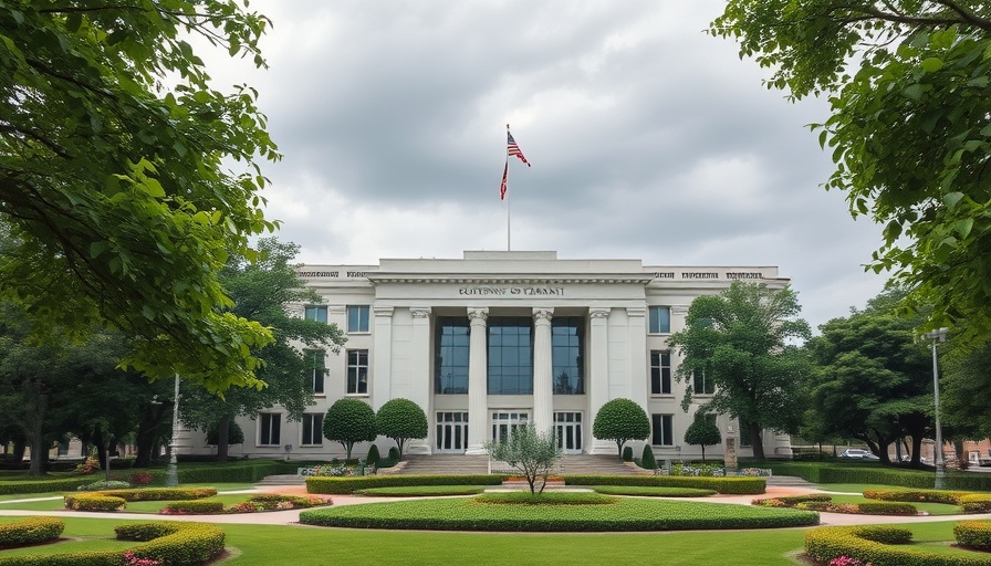 Modern government building under cloudy sky surrounded by greenery.