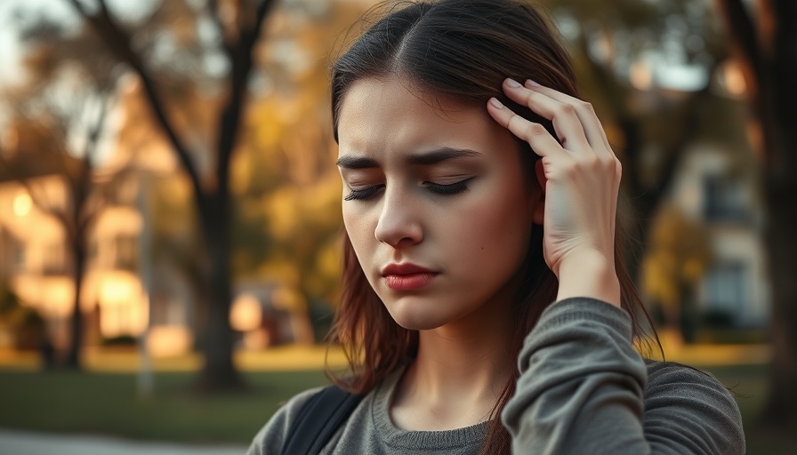 Young woman experiencing discomfort in a sunny park, illustrating air pollution and cognitive impairment.