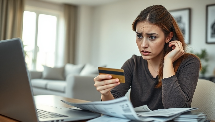 A woman stressed over finances with bills and a credit card.