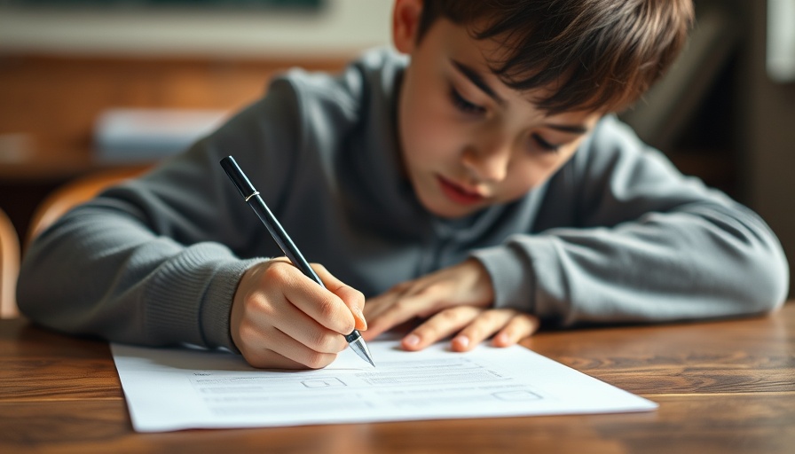 Student concentrates on academic performance exercise at desk.
