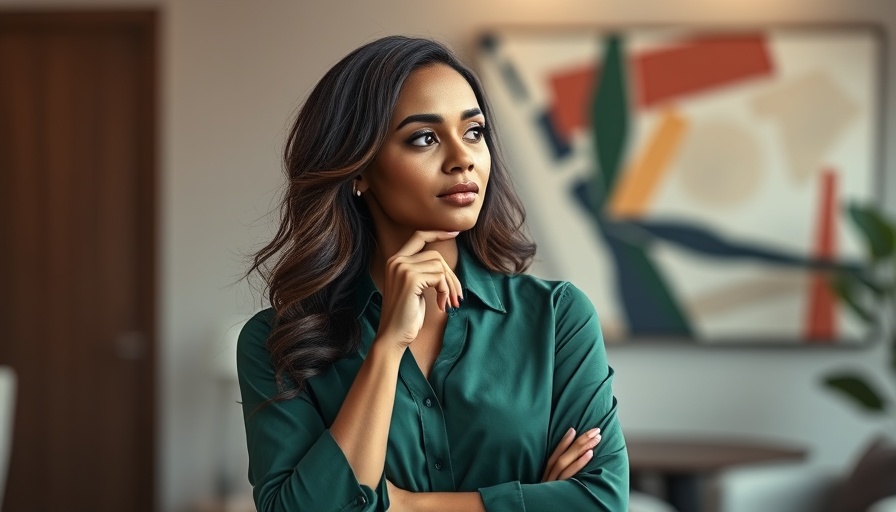 Confident woman in green blouse pondering, modern interior setting.