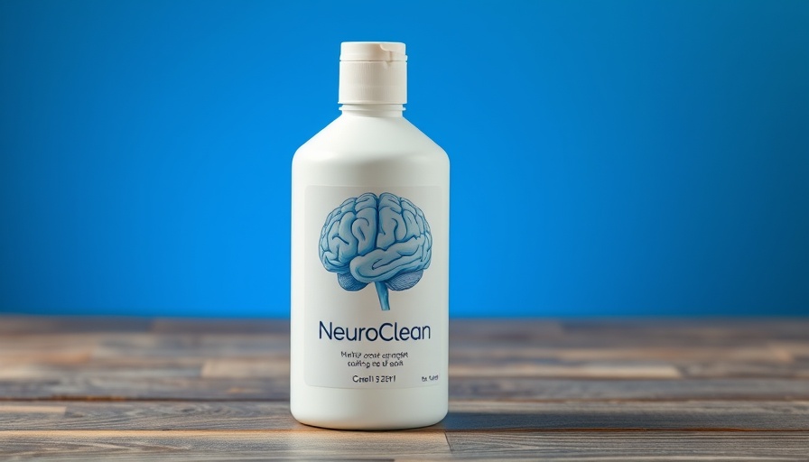 NeuroClean brain health supplement bottle with brain graphic on blue background.