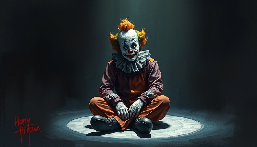 Sad clown in spotlight reflecting on family problems, digital art.