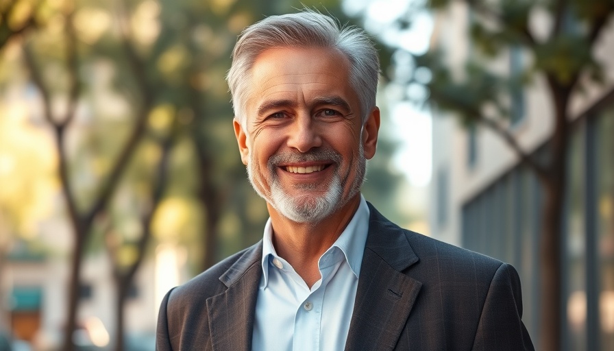 Smiling mature man in formal attire standing outdoors, leadership in psychology.