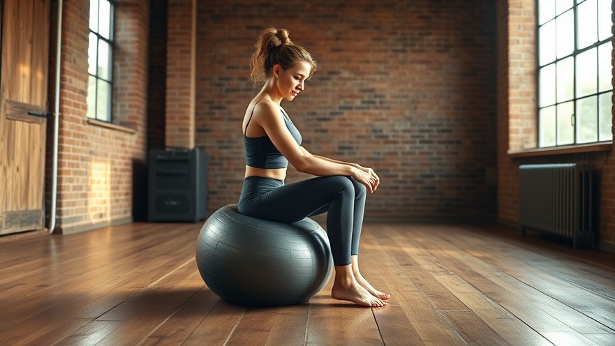 Fit woman on a stability ball performing stabilizing core exercises in a rustic studio.