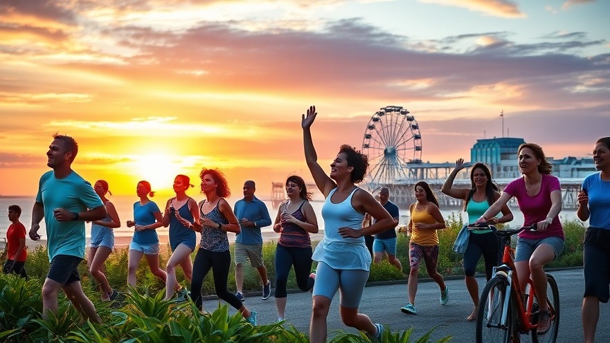 Brighton health and fitness scene: diverse residents enjoying outdoor activities at sunset.