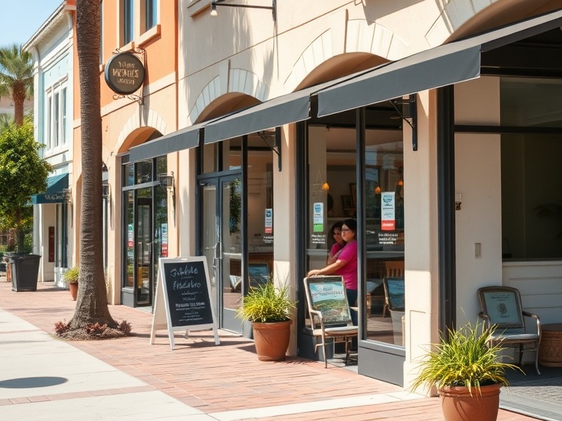 Charming business offices in downtown Newport Beach, summer day ambiance.